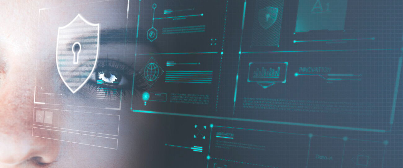A close-up of an eye behind a translucent display of data panels, charts and a padlock shield icon.