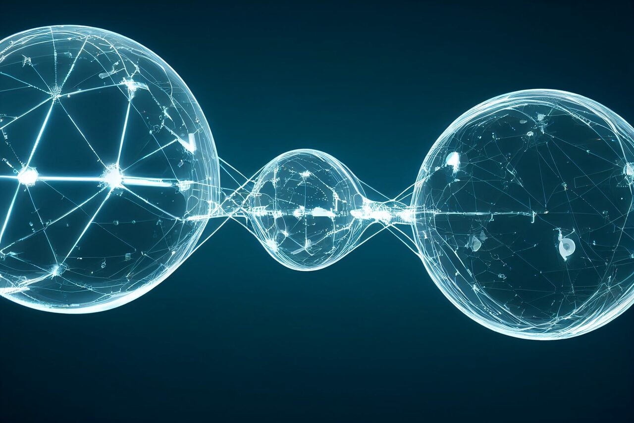 An abstract network of glowing points spanning two connected globes.